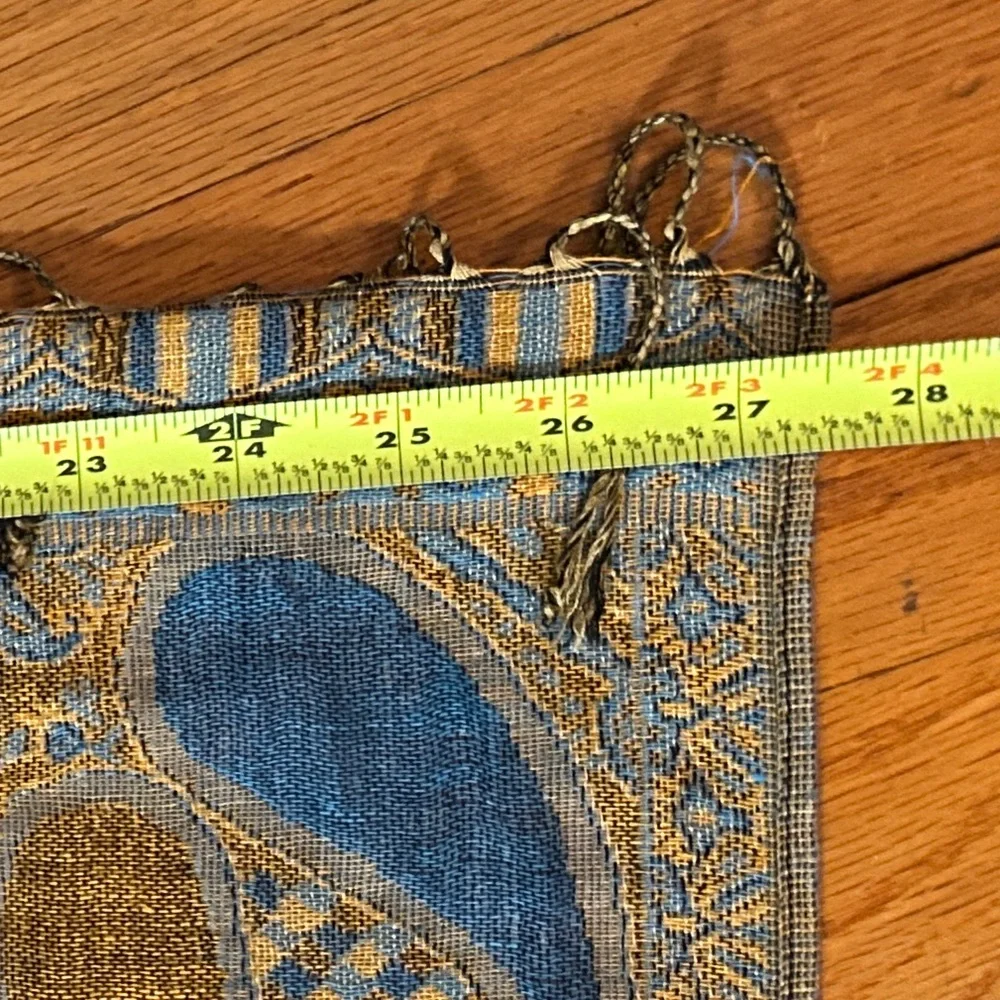 Vintage Oversized Pashmina Wrap Scarf Teal Gold Paisley Fringe Shawl